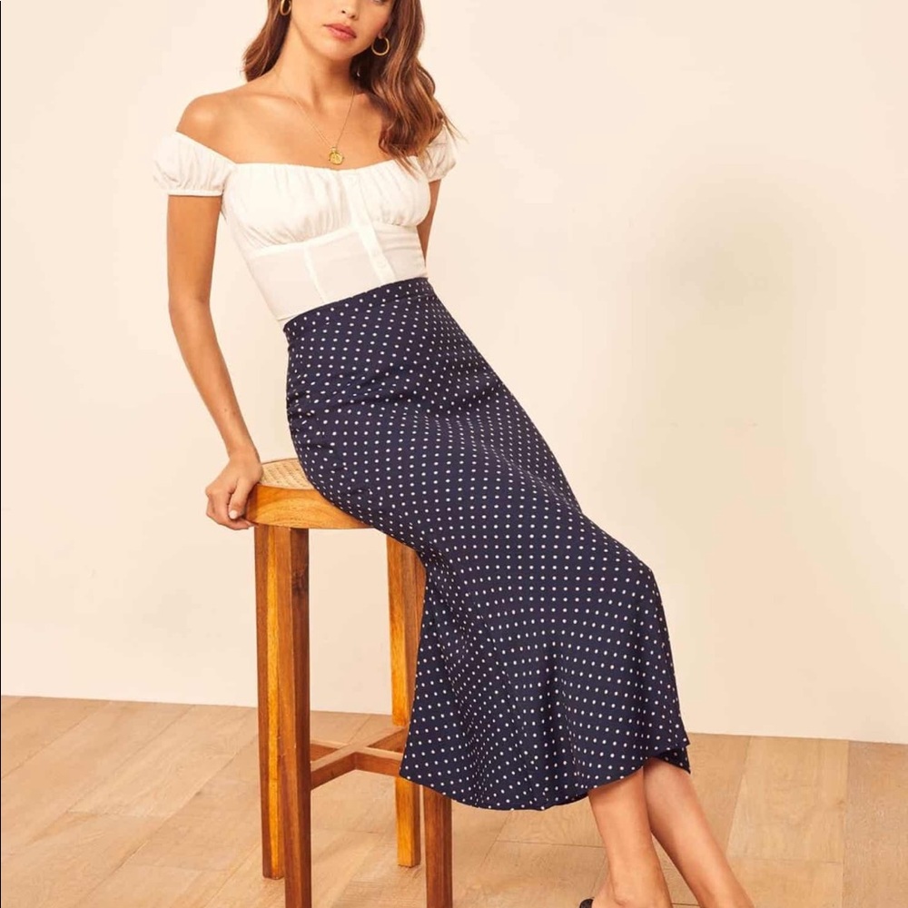 Reformation Bea Afternoon Navy Dot Midi Skirt